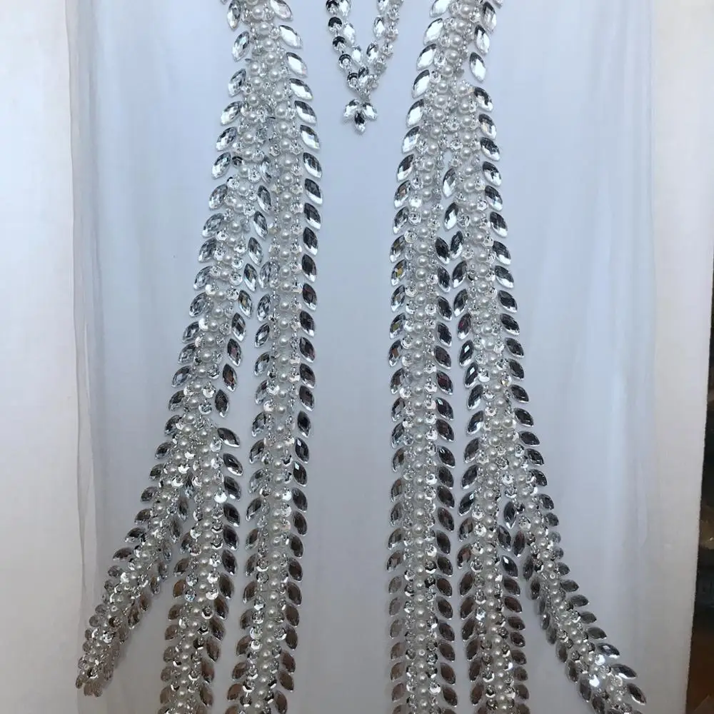 Ручная работа полная боди Серебряная оторочка с аппликацией из страз нашивки на