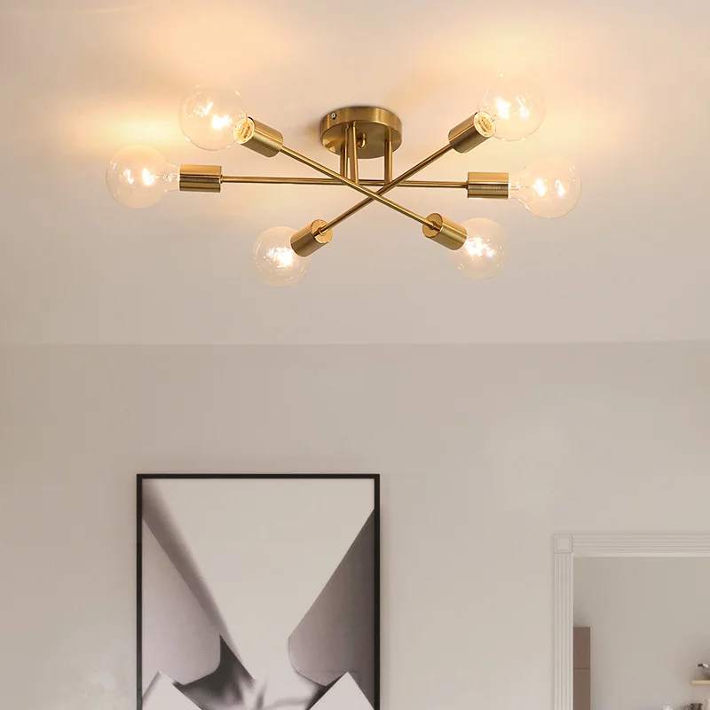 

Sputnik Chandelier Nordic Semi Flush Mount Ceiling Brushed Antique Gold Home Decor Lighting Fixture