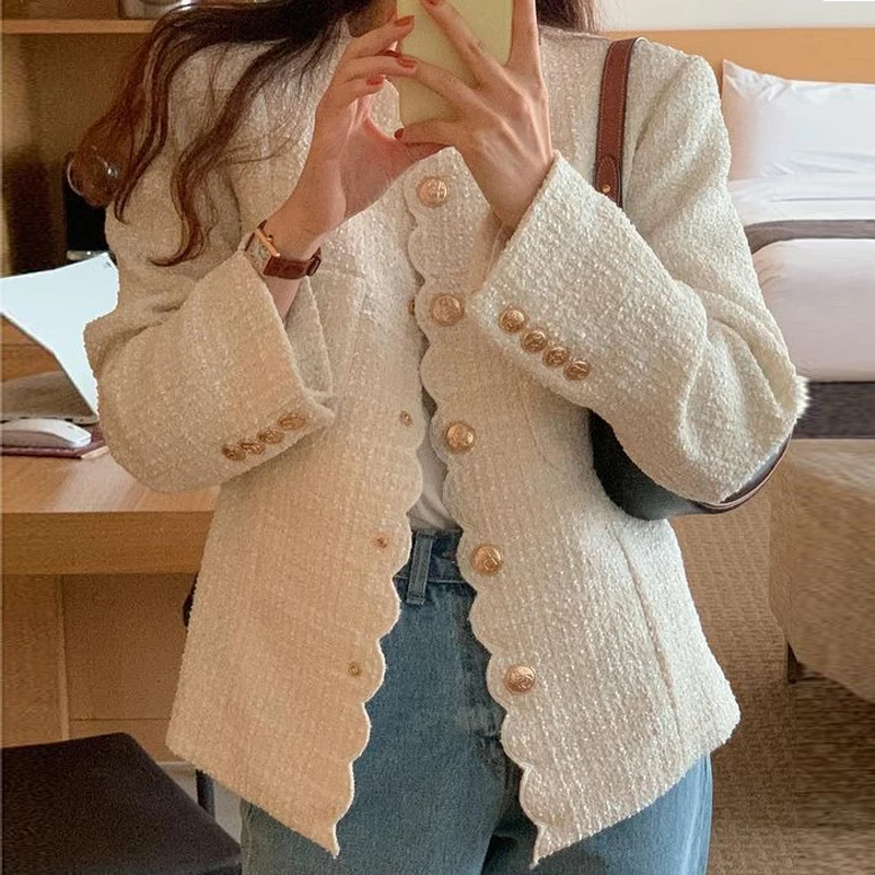 

Women's Spring Autumn Elegant Tweed Wave Edge Jacket Vintage Long Sleeve Metal Buttons Coat Ladies Jacket Outwear