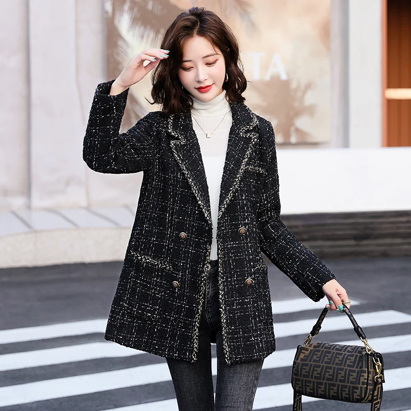 

8575# Fall/Winter New Office Lady One-Piece Suit Loose Plaid Wool Coat Small Fragrant Style Tweed Socialite Spliced Small Suit