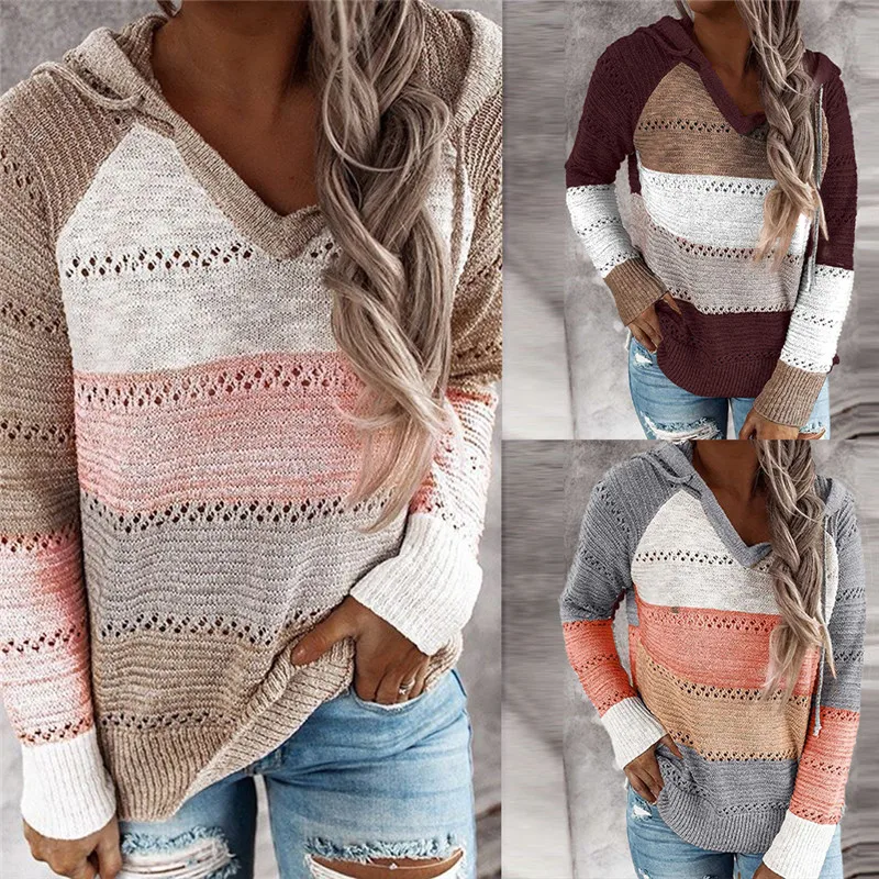 

Autumn Women Patchwork Hooded Sweater Long Sleeve V-neck Knitted Sweater Casual Striped Pullover Jumpers 2021 New Female Hoodies