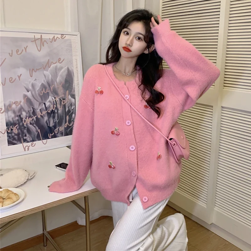 Harajpoo Sweater Woman Pink Knitted Autumn Winter Korean 2021 New Embroidery Loose Lazy Style Long Sleeve Sweet Casual Cardigan |