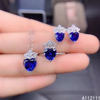 fine jewelry 925 pure silver inset with natural gem womens luxury elegant heart sapphire pendant ring earring set support detec