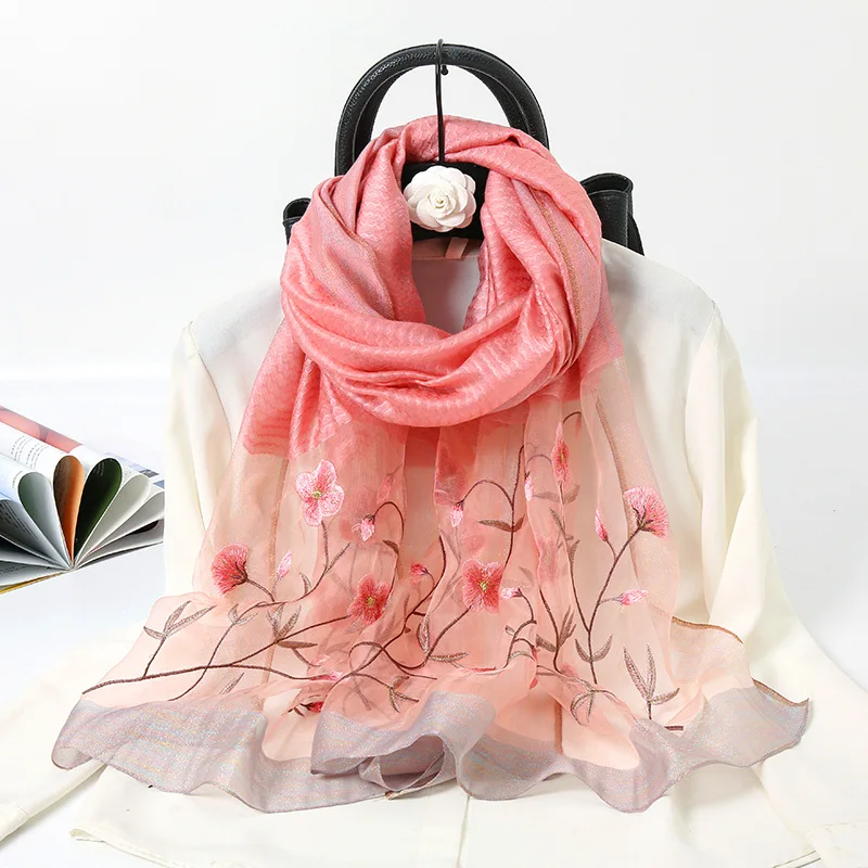 

2022 summer women silk wool scarf fashion solid beach stoles female foulard shawls neck wrap hijabs scarves Bandana Embroidery