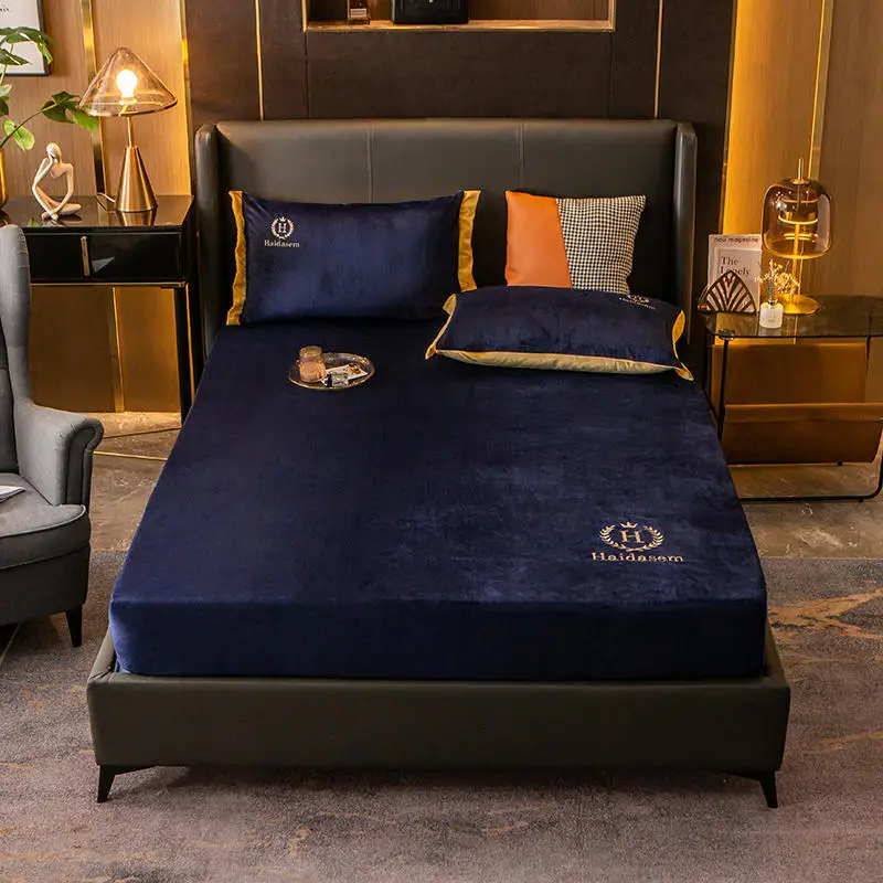 High-end Embroidery Elastic Bed Fitted Sheet Baby Velvet Anti-mite Mattress Cover Solid Color 1pcs Winter Warm Soft Queen | Дом и сад