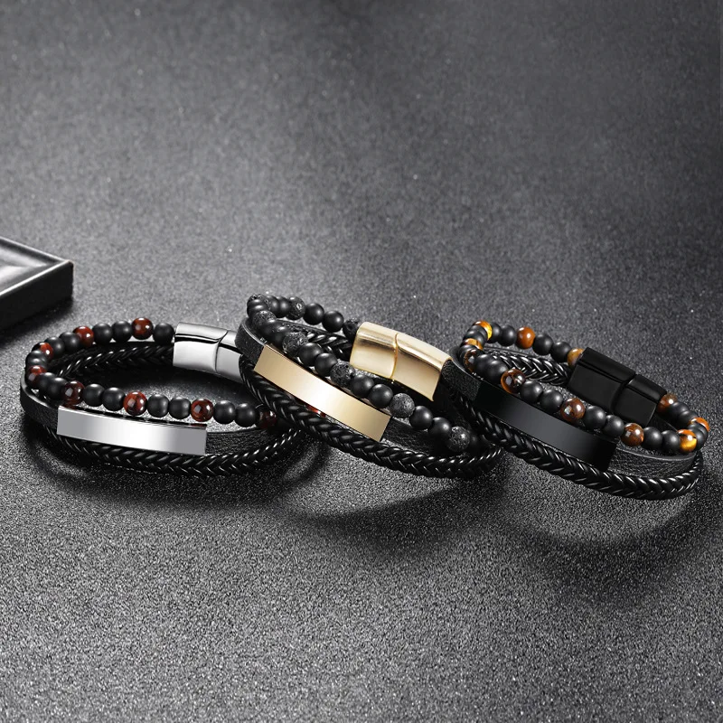 Мужской браслет из вулканического камня 6 мм многослойный кожаный с магнитной