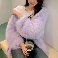 2021 new women sweater furry puff sleeves cardigan female coat fairy elegant solid sweet soft mohair cardigans casual teddy tops