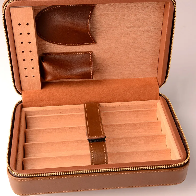 

Holds 4pcs Travel Leather Humidor Box Cigar Humidor Case Cedar Wood Portable Cigar Box