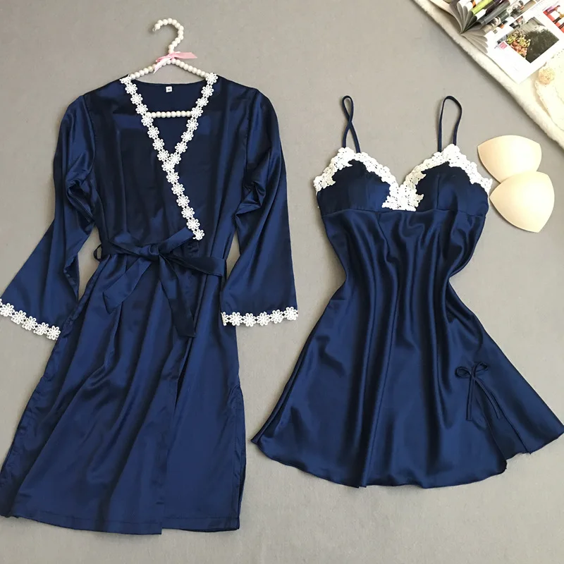 Комплект пижам из 2 предметов халат темно синего цвета женские пижамы с v образным