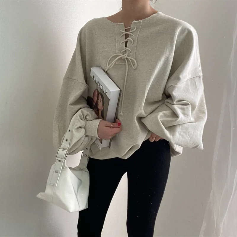 

Chic Early Autumn Simple Lazy O-neck Tie Design Loose Casual Lantern Sleeve Pullover Women Casual Hoodie