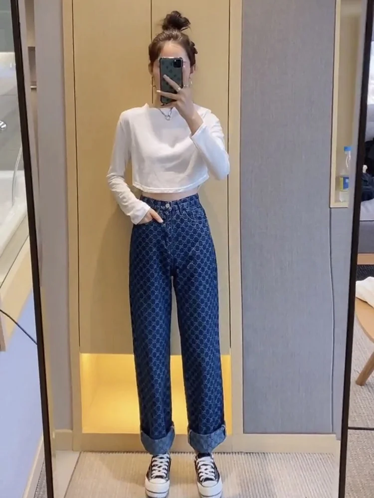 

Luxury Designer Blue Straight Casual Denim Jeans for Woman 2021 Spring Summer Female Pants Trousers Vintage