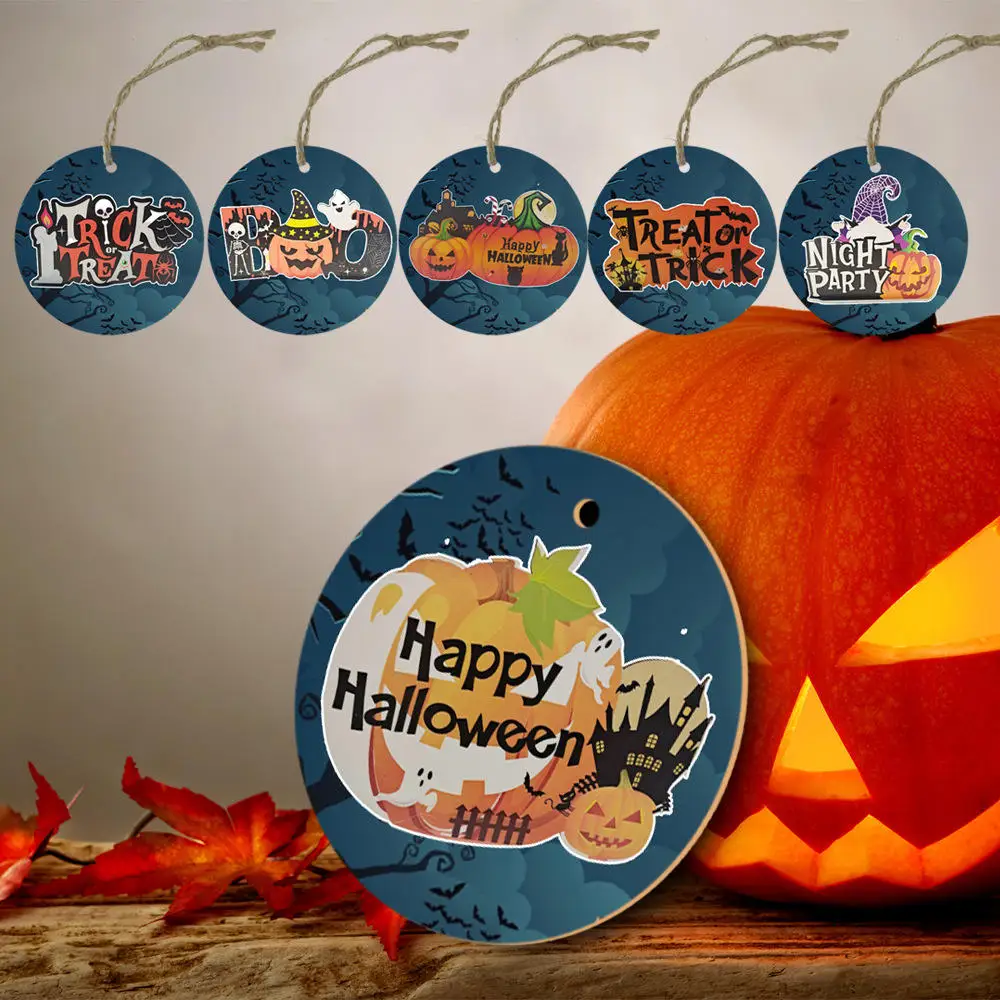 

Halloween Round Wooden Pendant Home Furnishing Pumpkin Atmosphere Wooden Decoration Funny Holiday Listing