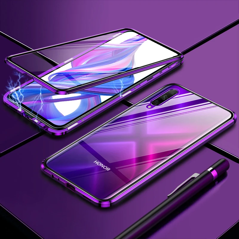 Роскошный 2-й Магнитный флип-чехол для huawei Honor 9X 9 XPro, переднее и заднее, двухстороннее закаленное стекло 360, чехол для телефона Honor9X Pro, чехол - Цвет: Purple  Double Glass