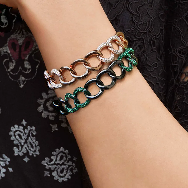 Женский браслет с цепочкой SLJELY из серебра 925 пробы черным и зеленым цирконием