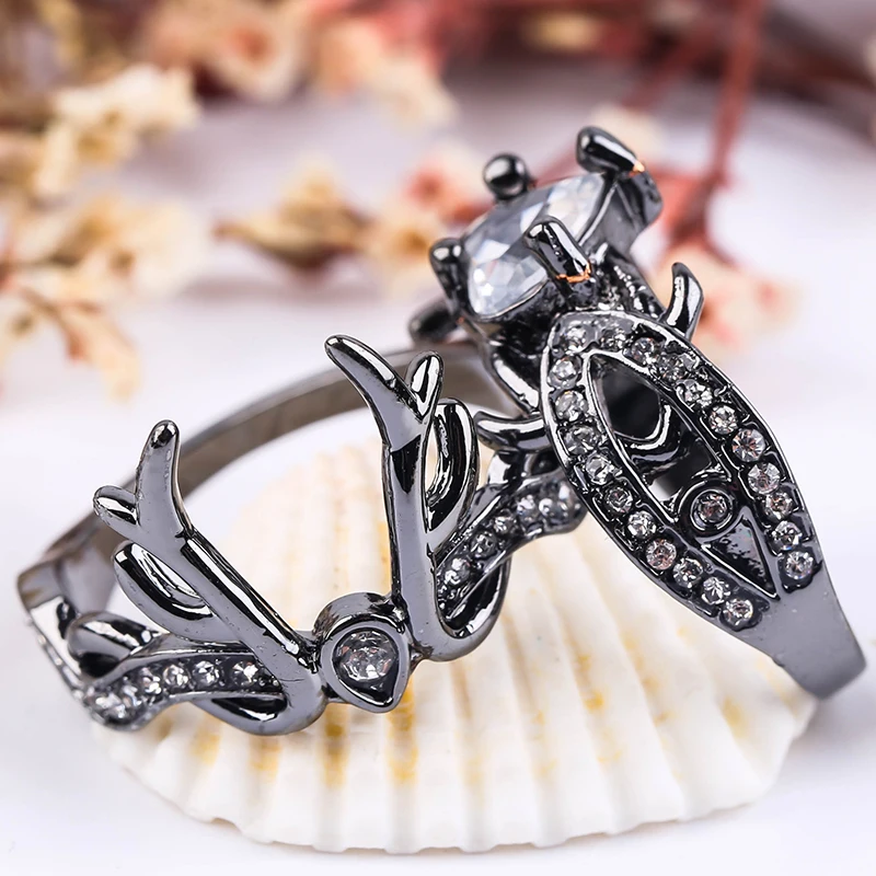 

Cute Animal Horn Black Deer Antler Rings for Women Girl Luxury 2 Pcs/Set Crystal CZ Heart Stone Ring Party Jewelry Gifts B5M264