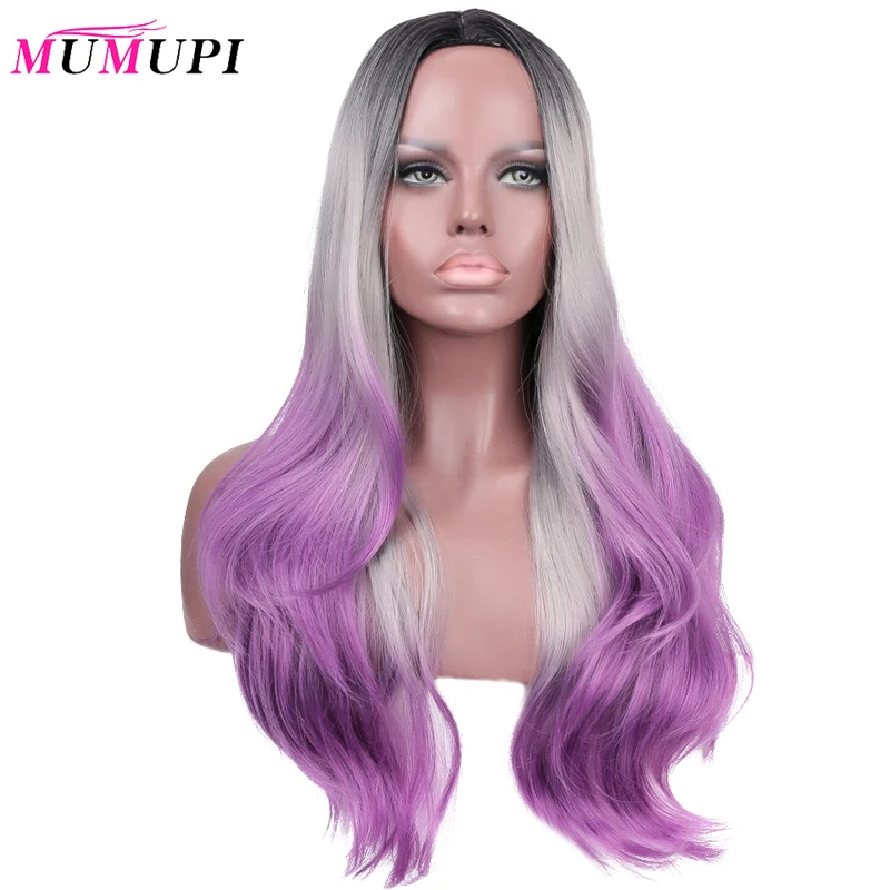 MUMUPI длинные волнистые Омбре серый фиолетовый средняя часть синтетический парик