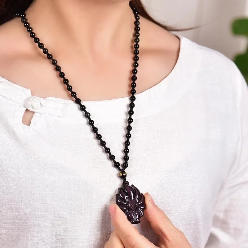 

1pc Natural rainbow obsidian eye carving fox pendant + Bead Chain