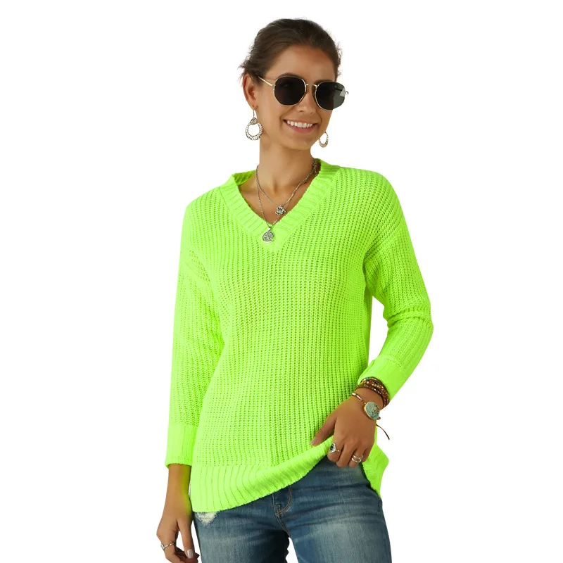 Neon Sweater Women Knitting Green Fuchsia Pink Solid V-Neck Pullovers Long Casual Loose Acrylic Knit Shirts Female Jumper Tops | Женская