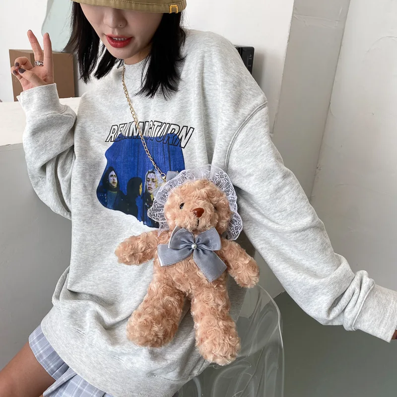 

Korean version of lace bear plush bag women 2020 new female doll shoulder bag girl chain messenger bag