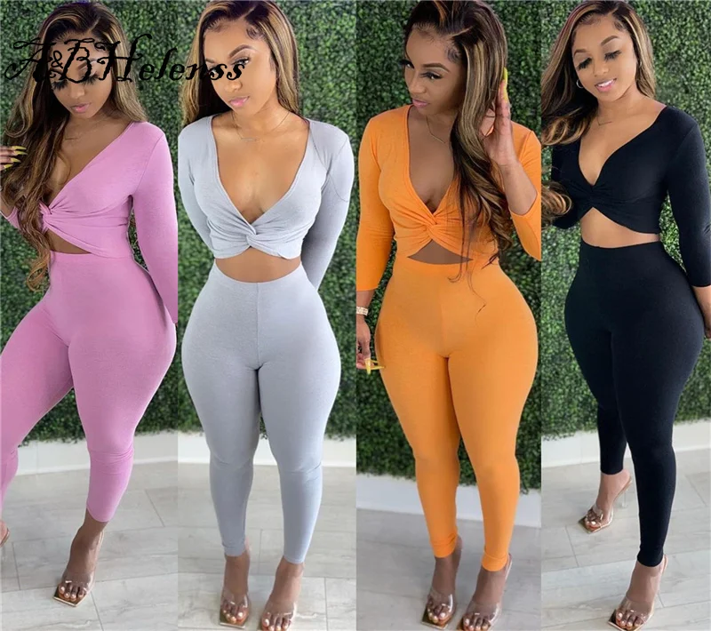 

A&BHelenss Women Solid Tracksuit Casual Two Piece Set Sexy Deep V Neck Long Sleeve Crop Top Pencil Pants Leggings jogging Suit