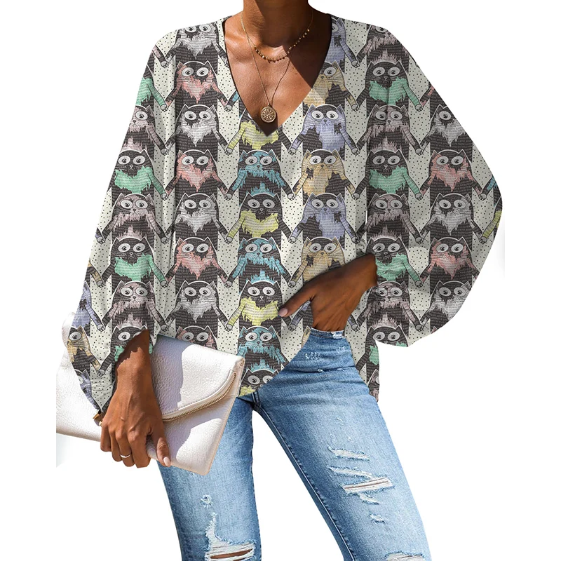 NOISYDESIGNS Women Summer Long-sleeve Blouses V-neck Sexy Cats Animals Printing Ladies Tops Plus Size Loose Shirts Mujer Ropa | Женская