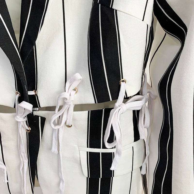 

HIGH STREET Newest 2021 Designer Runway Suit Set Women's Lacing Rope Detachable Linen Striped Print Blazer Pants Suit