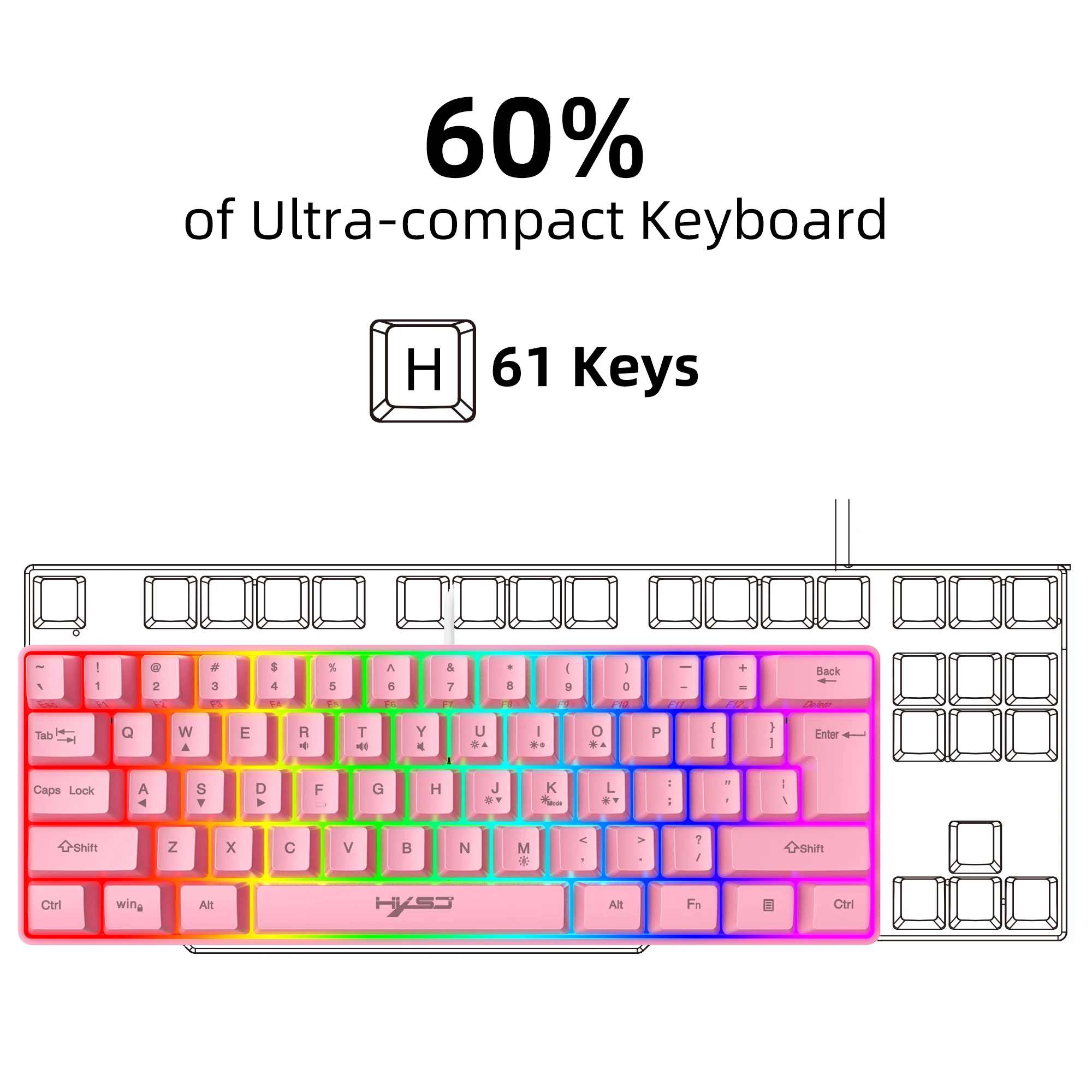 hxsj 60 wired 61 keys gaming keyboard rgb backlit ultra compact mini keyboard us business for pc mac ps4 gamer free global shipping