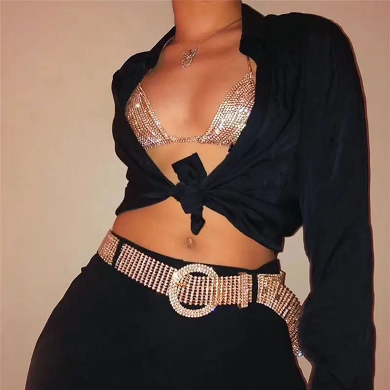 

Fashion luxury simple shiny Rhinestone chain belt women's high waist gold belt Party Jewelry dress Rhinestone chain belt