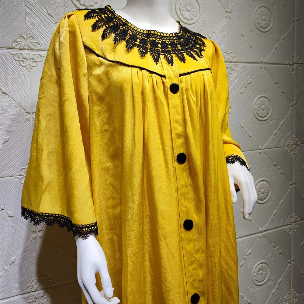 

Abaya Dress for Women Summer 2021 Elegant Ethnic Lace Collar Long Sleeve Arabic Single-breasted Oman Kuwait Muslim Clothes Eid