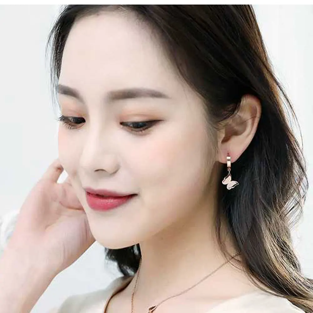 Серьги с двойной бабочкой из титановой стали цвета розового золота 100% гарантия