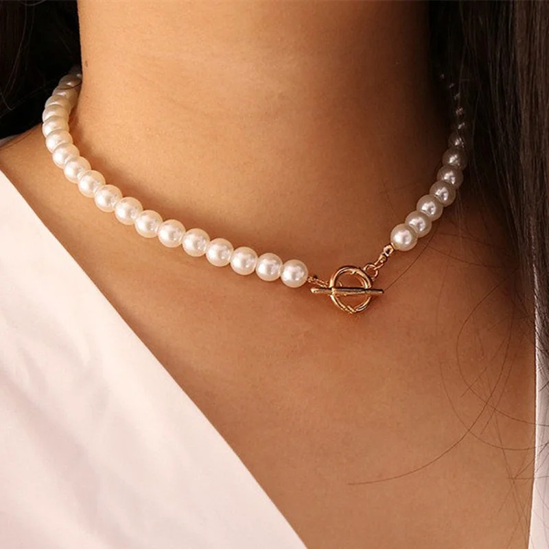 

Pearl Choker Necklace Gold Color Lasso Pendants Women Jewelry On The Neck Chain Beads Necklace Chocker Collar For Girl Kpop