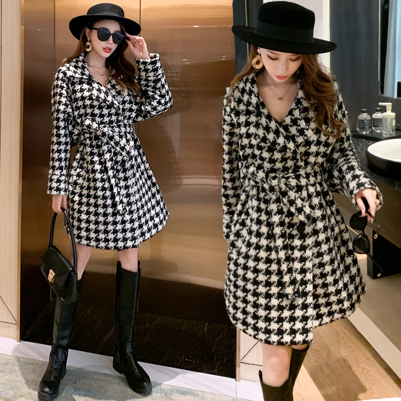 

High Quality Fashion Long Sleeve Lapel Vintage Houndstooth Loose Woolen Jacket Coat Autumn Winter Korean Elegant Women Outerwear