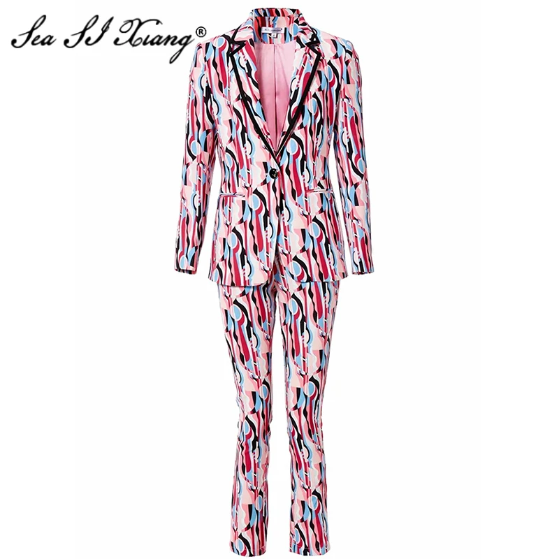 

Seasixiang European 2021 Runway Spring Set Women's Pink Geometry Print Blazer +Trousers Two-Piece Set