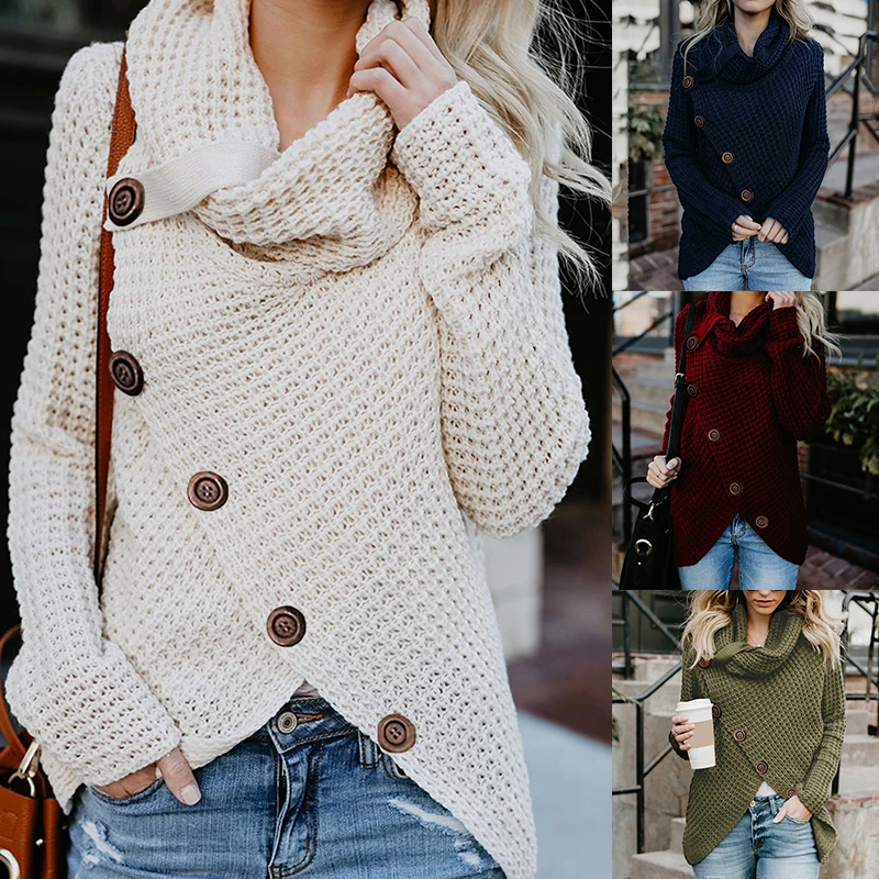 XINKAI Turtleneck Sweater Autumn Causal Loose Buttons Knitted Female Pullover Fashion Irregular Solid Plus Size Jumper Sweaters | Женская