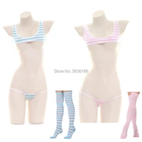 japan sexy lingerie lolita kawaii blue pink white striped mini bikini adult cosplay erotic costumes bra women underwear 3pcs set