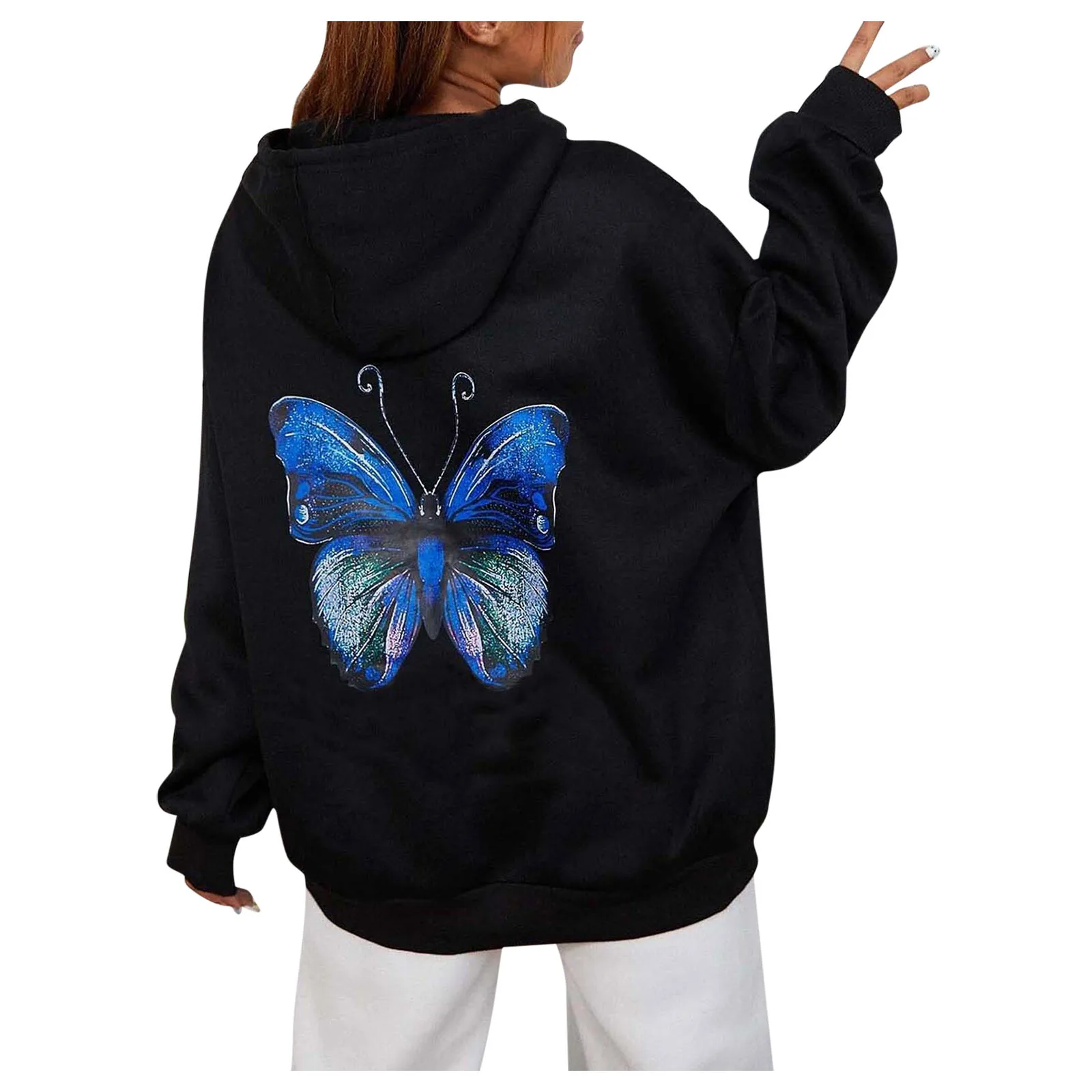 

Женские осенние свитшоты с принтом бабочек, толстовка с длинным рукавом, пуловер с капюшоном, топы, женская уличная одежда в стиле Харадзюку...