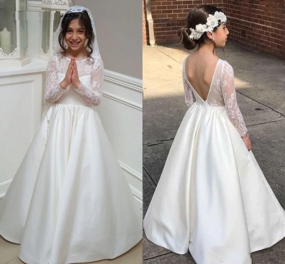

Flower Girl Dresses For Wedding Backless One-Neck Ivory A-Line Lace Appliques Long Sleeve Girls First Communion Gowns