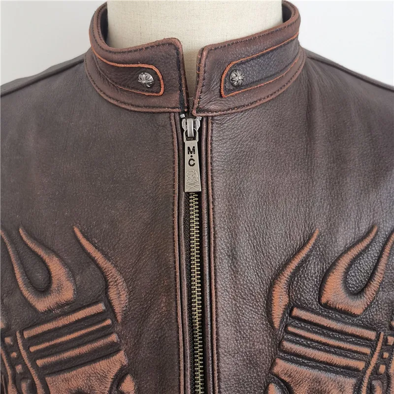 

Brown 2020 Vintage Skulls Biker's Leather Jacket Plus Size XXXXL Genuine Cowhide Autumn Slim Fit Motorcycle Leather Coat