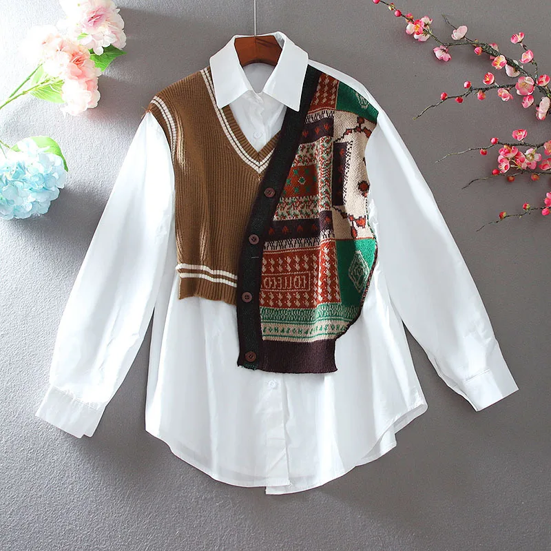 

SuperAen Vintage Patchwork Knitted Fake Two Piece Set Fashion Loose Slim Turn Down Collar Shirt Blouse Autumn Women Tops