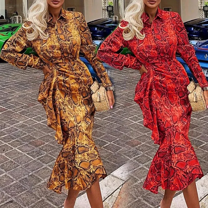 

Новинка Весна 2021, женское платье, Модное Длинное асимметричное платье с длинными рукавами и оборками, леопардовым принтом