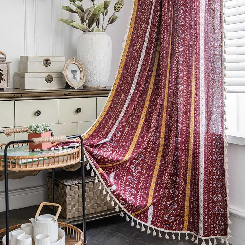 

Богемные хлопковые занавески с кисточками, полузатемняющие занавески, дизайнерские красные полосы для окон, дверей, украшение для дома