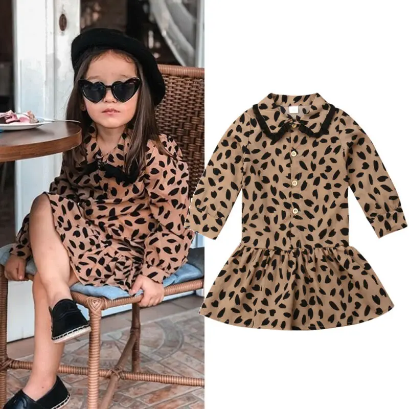 1-6years Bohemia Style Leopard Shirt Dresses For Girls Fashion Clothes Long Sleeve Brown Dress Clothing Kids | Детская одежда и