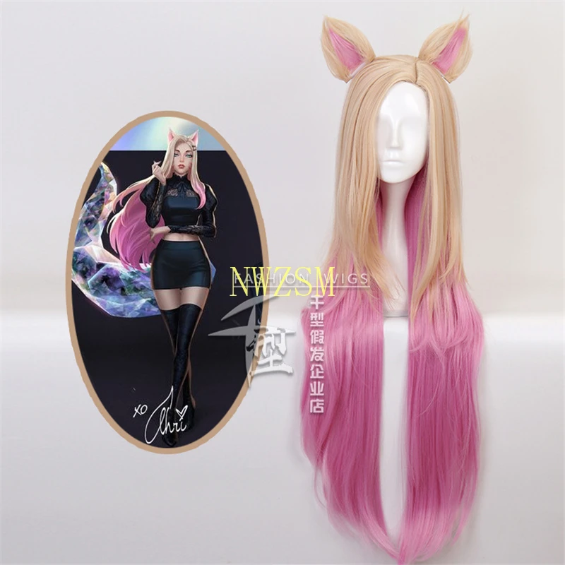 

Game KDA Baddest Ahri Cosplay Wigs LOL KDA Blonde Mixed Pink Hairpiece with Ears Heat Resistant Synthetic Hair Wig