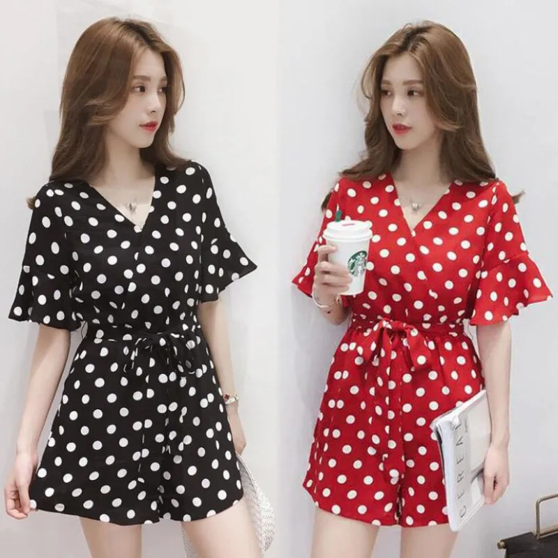 

Polka Dot Flare Sleeve Two Piece Set Drawstring Short Pants Tracksuit Women O-Neck Long Sleeve Summer Style Women Suits