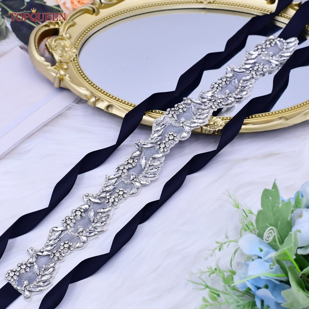 

TOPQUEEN S492 Rhinestone Ribbon Belt for Dress Satin Sash for Wedding Dress Women's Evening Dress Belt Wedding Accessories