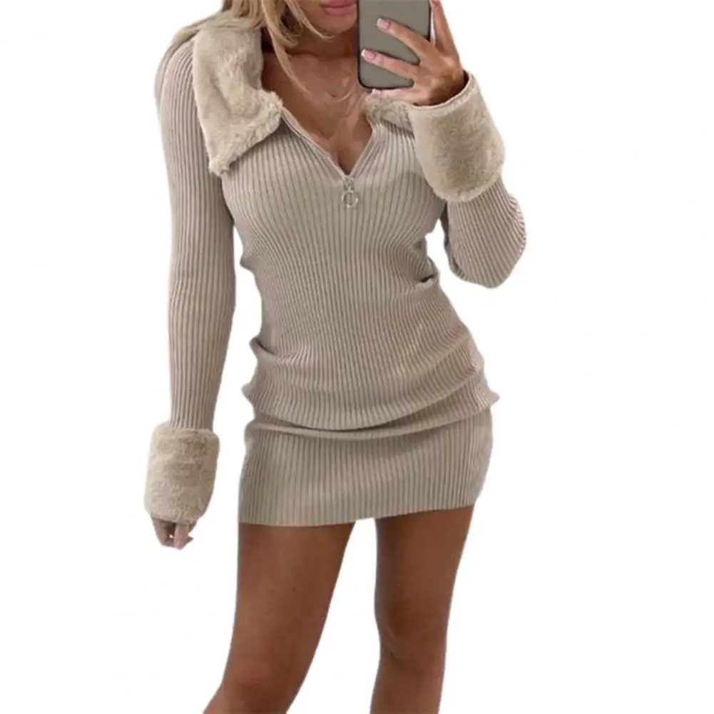 

Women Bodycon Dress Plush Lapel Super Soft Charming Stitched Cuffs Skinny Dress for Autumn Winter Elegant Ladies Party Dresses