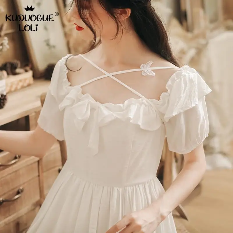 Женское летнее платье в стиле ретро милое белое ТРАПЕЦИЕВИДНОЕ миди с пышными