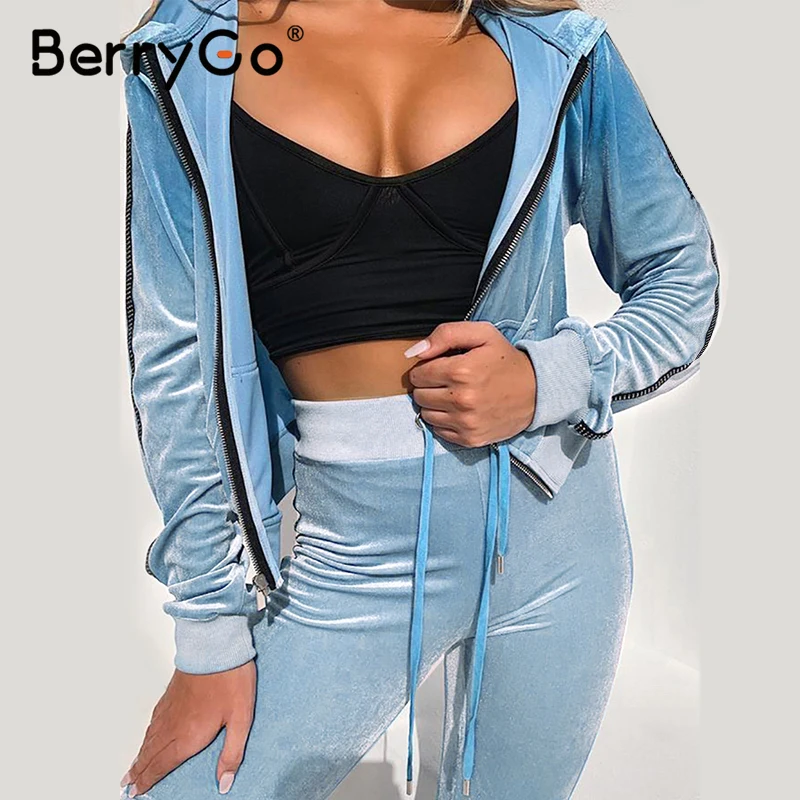 BerryGo Casual velvet sports pant suit set Long sleeve zippers two-piece suits women Hooded outfit 2020 spring ladies jacket |