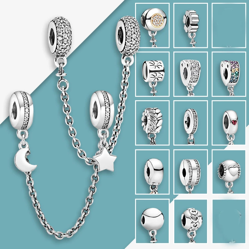 

Silver 925 Sparkling Clear Sparkle Flower Safety Chain Charm Bead Fit Original Pandora Bracelet Pendant DIY Jewelry For Women
