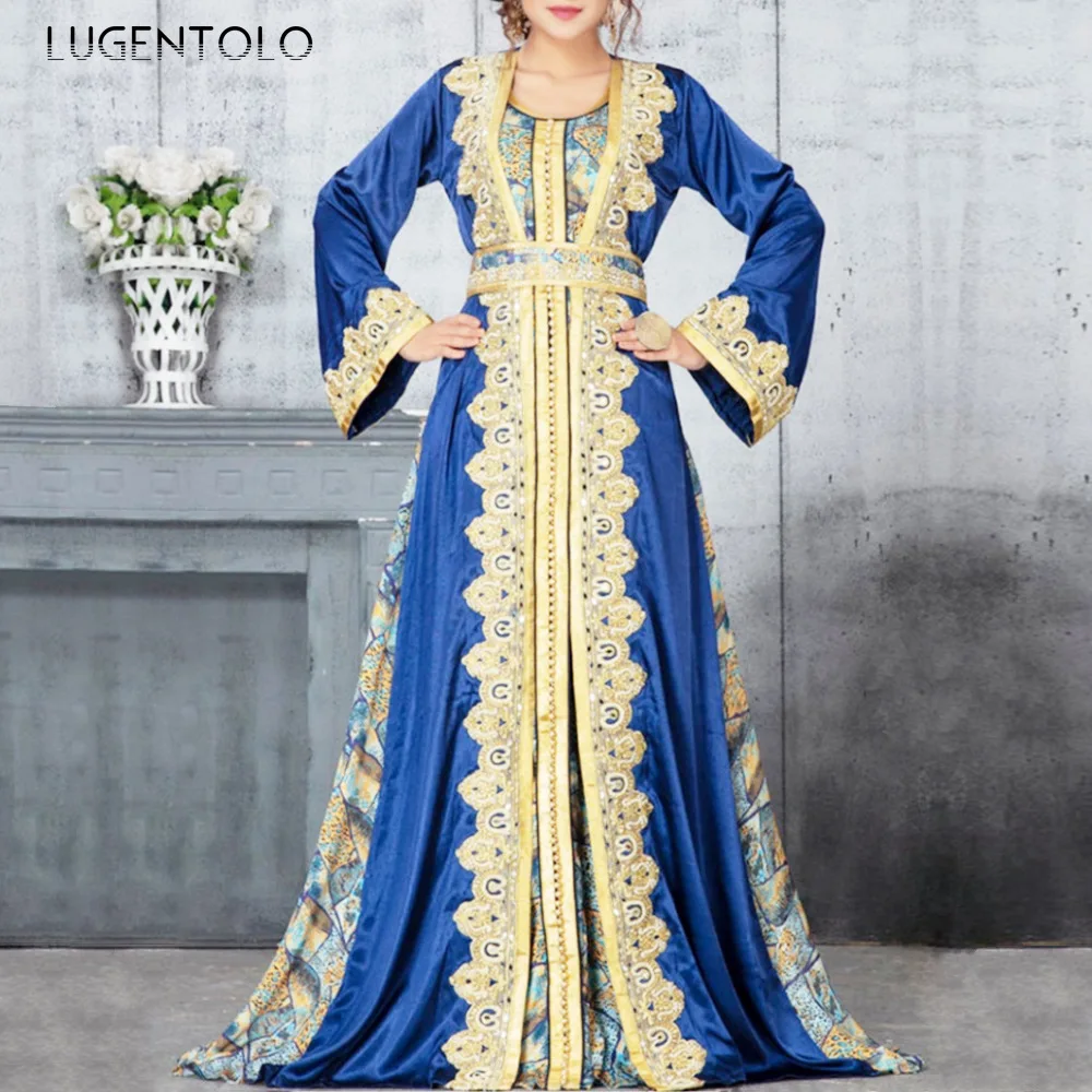 

Women Muslim Fashion Dress Long Sleeve Chiffon Empire Vintage Dresses Female Big Swing Large Size Thin Dress Lugentolo